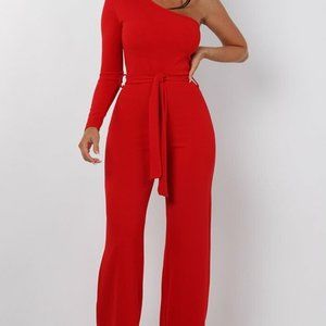 Red Belted One Shoulder Jumpsuit